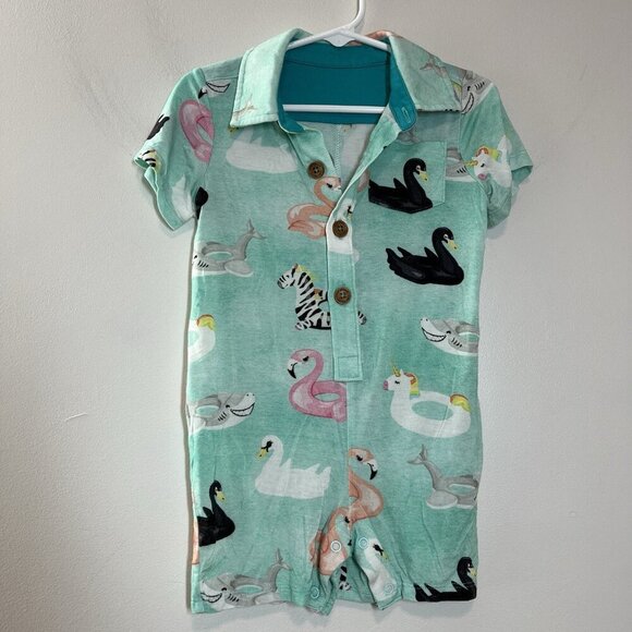 Posh Peanut Bamboo Green Shark Flamingo Swan Pool Float Print Collared Romper - Picture 1 of 3